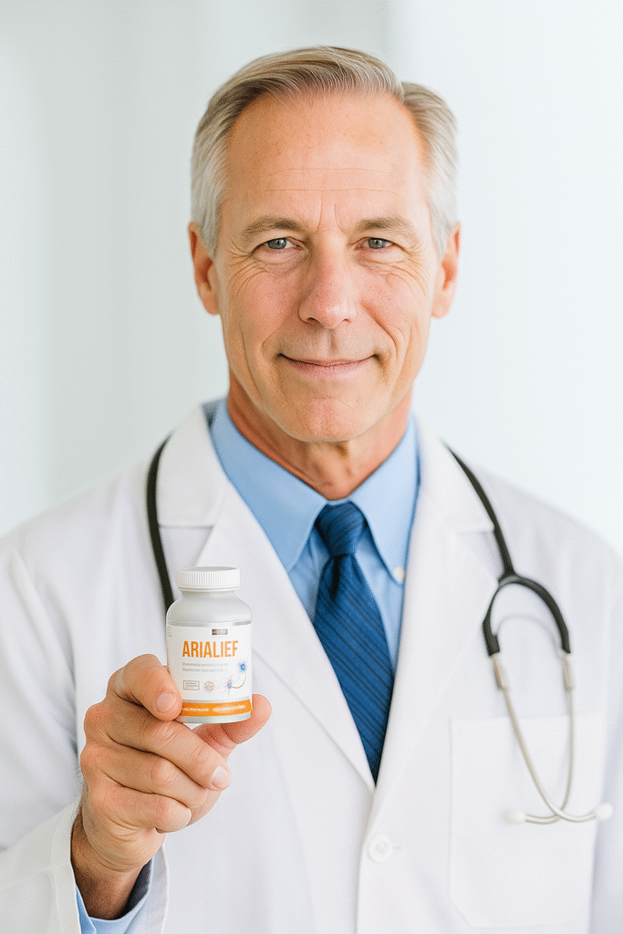 Man in white lab coat with stethoscope holding a dietary supplement bottle.