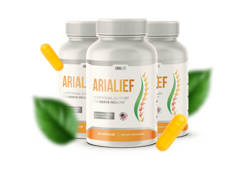 Three Arialief nerve support supplement bottles with yellow capsules and natural green leaves.