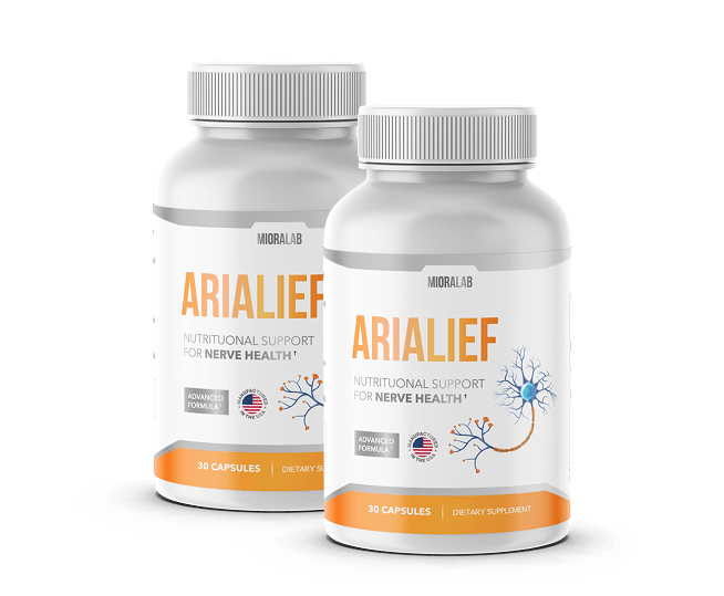 Two bottles of Arialief dietary supplement for nerve health.