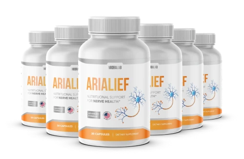 Multiple Arialief nerve support supplement bottles showcasing product availability.