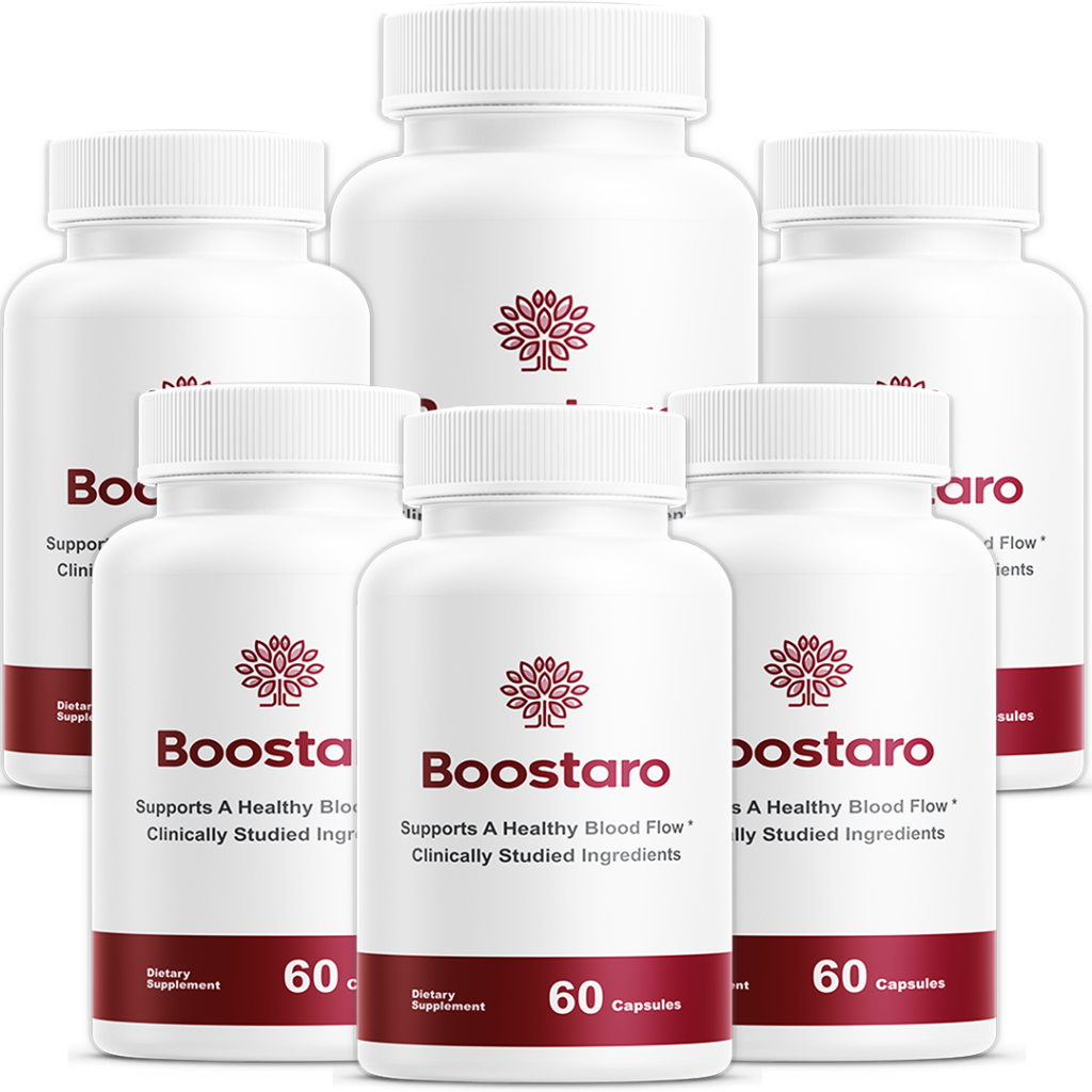 The six-bottle package of Boostaro supplement displayed with its natural ingredients in the background.